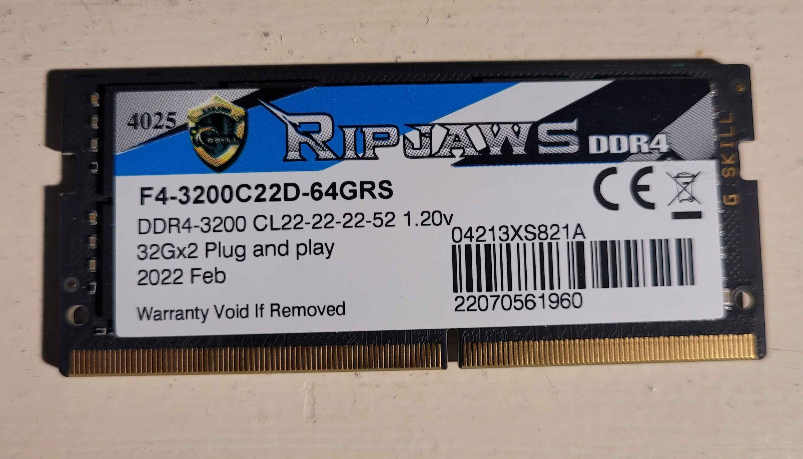 G.SKILL Ripjaws 32GB (1x) DDR4 SO-DIMM DDR4-3200MHz | F4-3200C22D-64GRS