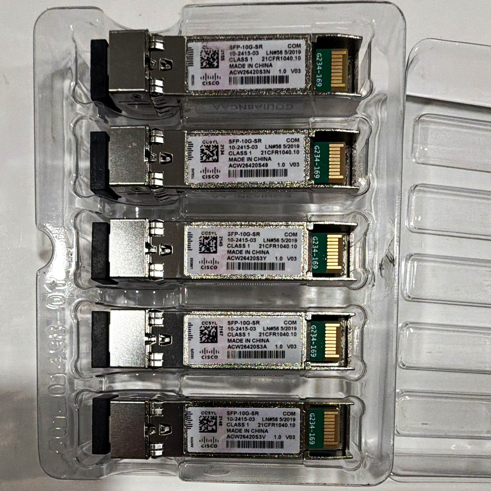 Cisco SFP-10G-SR 10Gbps SFP+ 10GBASE-SR LC Transceiver Modules, only 5 units Cisco SFP-10G-SR 10Gbps SFP+ 10GBASE-SR LC Transceiver Modules, only 5 units