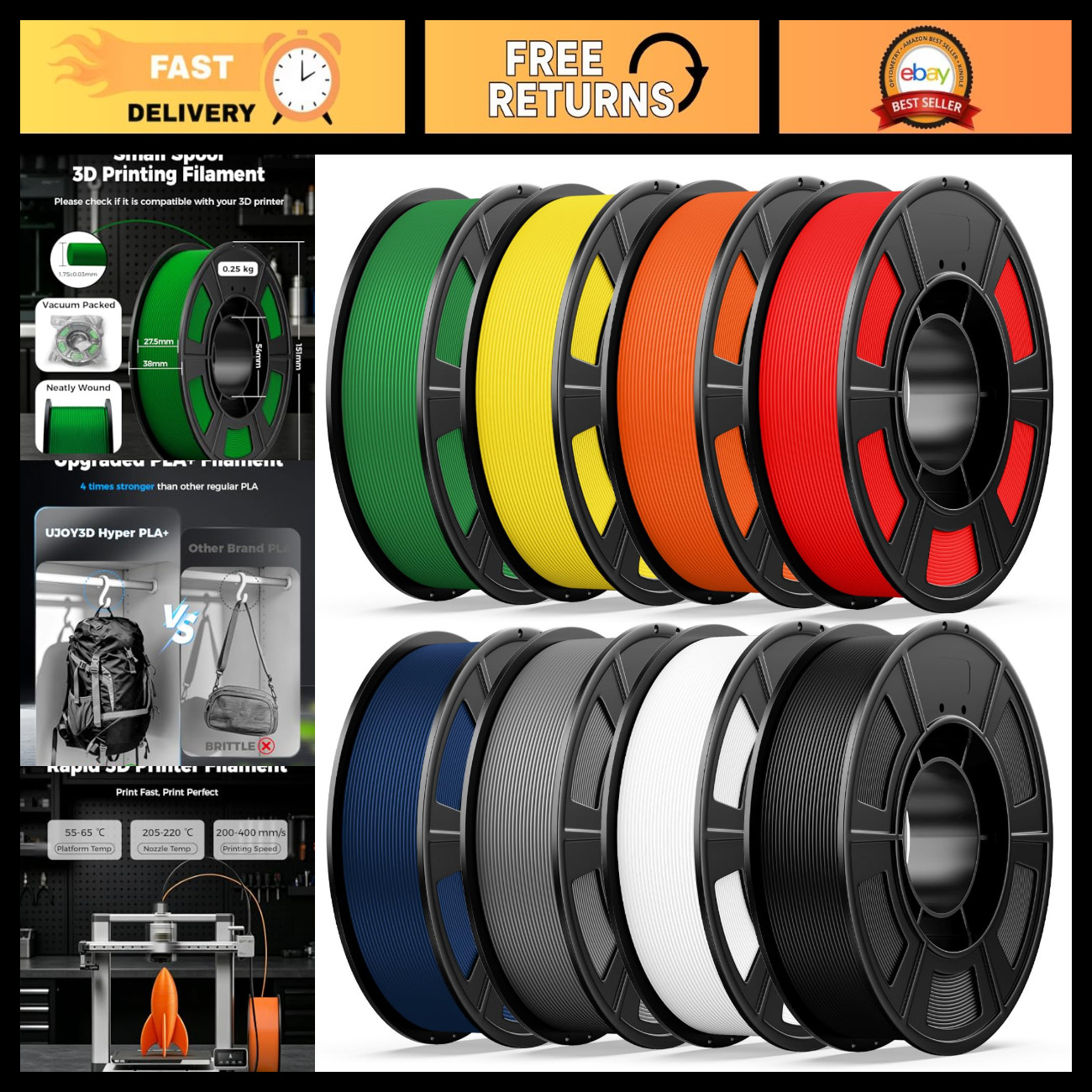 8 Color Bundle Hyper PLA+ 3D Printer Filament 1.75mm, Vacuum Packed, 0.25kg Spoo