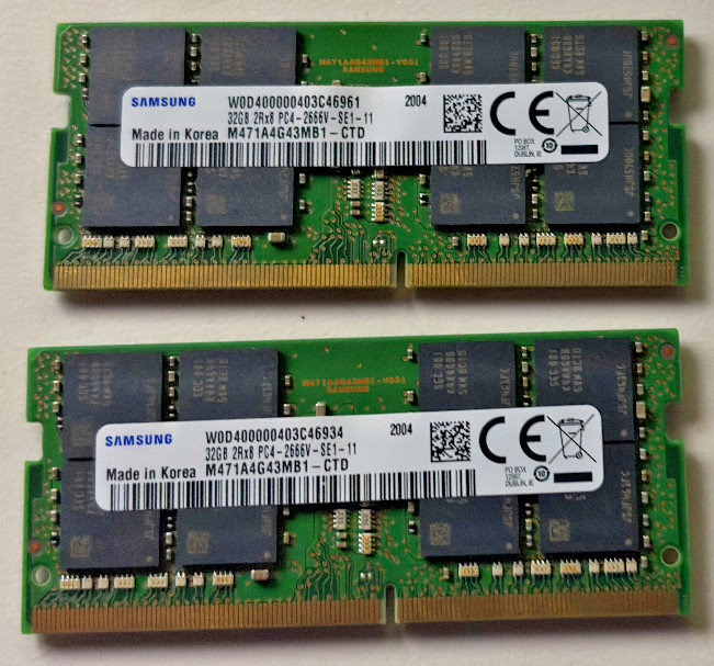 32 GB Memory for laptop: Samsung PC4 2Rx8 2666V. 