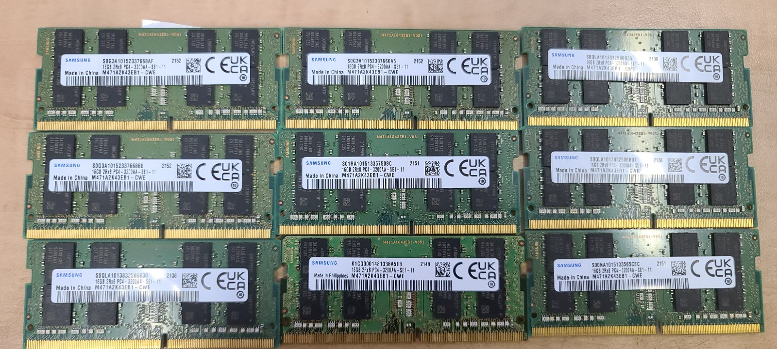 LOT OF 9 SAMSUNG DDR4 3200AA SODIMM 16GB MODULES 144GB TOTAL m471a2k43eb1-cwe LOT OF 9 SAMSUNG DDR4 3200AA SODIMM 16GB MODULES 144GB TOTAL m471a2k43eb1-cwe