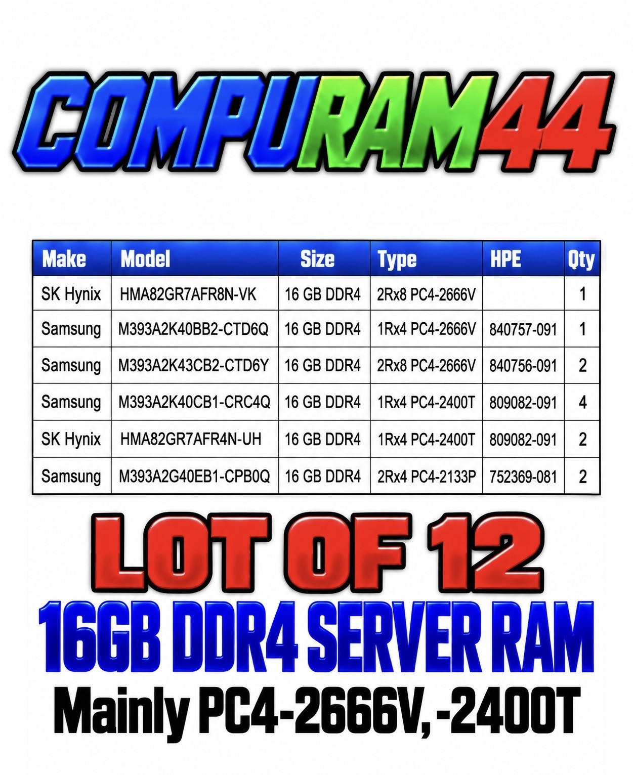 LOT 12x - Samsung SK Hynix 16GB DDR4 RAM PC4-2666V, PC4-2400T, Server Memory LOT 12x - Samsung SK Hynix 16GB DDR4 RAM PC4-2666V, PC4-2400T, Server Memory