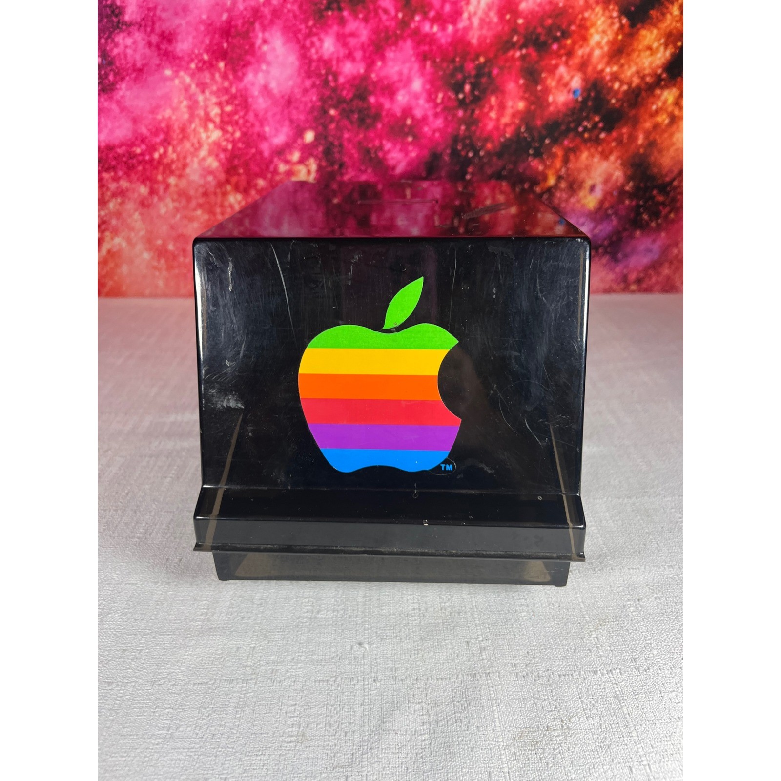 Vintage Apple Computer Rainbow Logo Floppy Disk Storage Box Smoked Black Plastic Vintage Apple Computer Rainbow Logo Floppy Disk Storage Box Smoked Black Plastic
