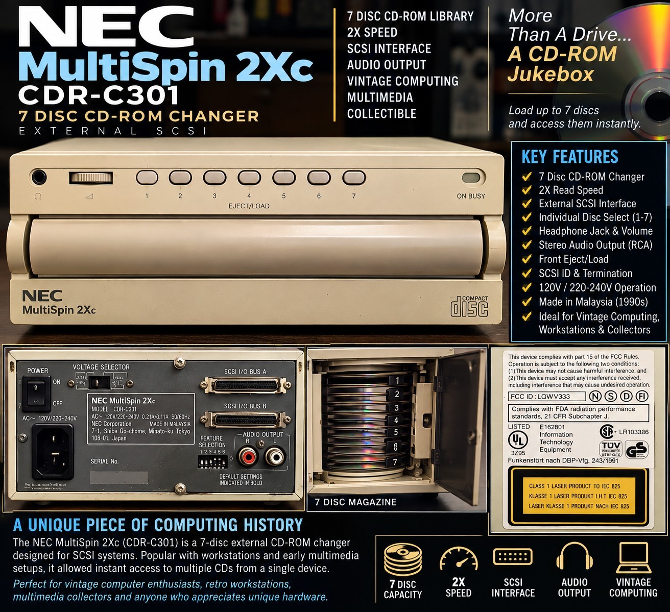 NEC MultiSpin 2Xc CDR-C301 7 Disc SCSI CD-ROM Changer Vintage External Jukebox NEC MultiSpin 2Xc CDR-C301 7 Disc SCSI CD-ROM Changer Vintage External Jukebox