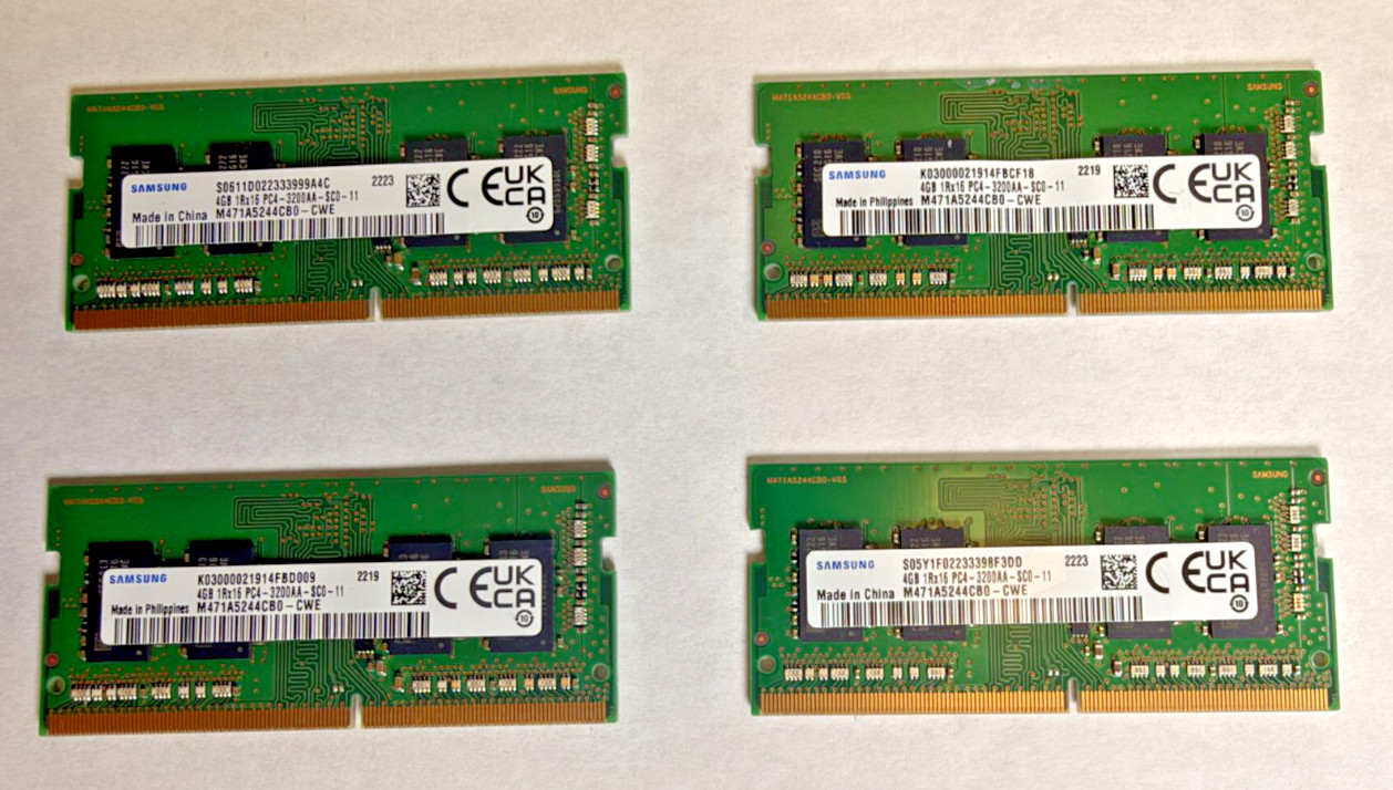 Samsung 4 X 4GB DDR4 3200MHz PC4-3200AA SO-DIMM Laptop Memory M471A5244CB0-CWE Samsung 4 X 4GB DDR4 3200MHz PC4-3200AA SO-DIMM Laptop Memory M471A5244CB0-CWE