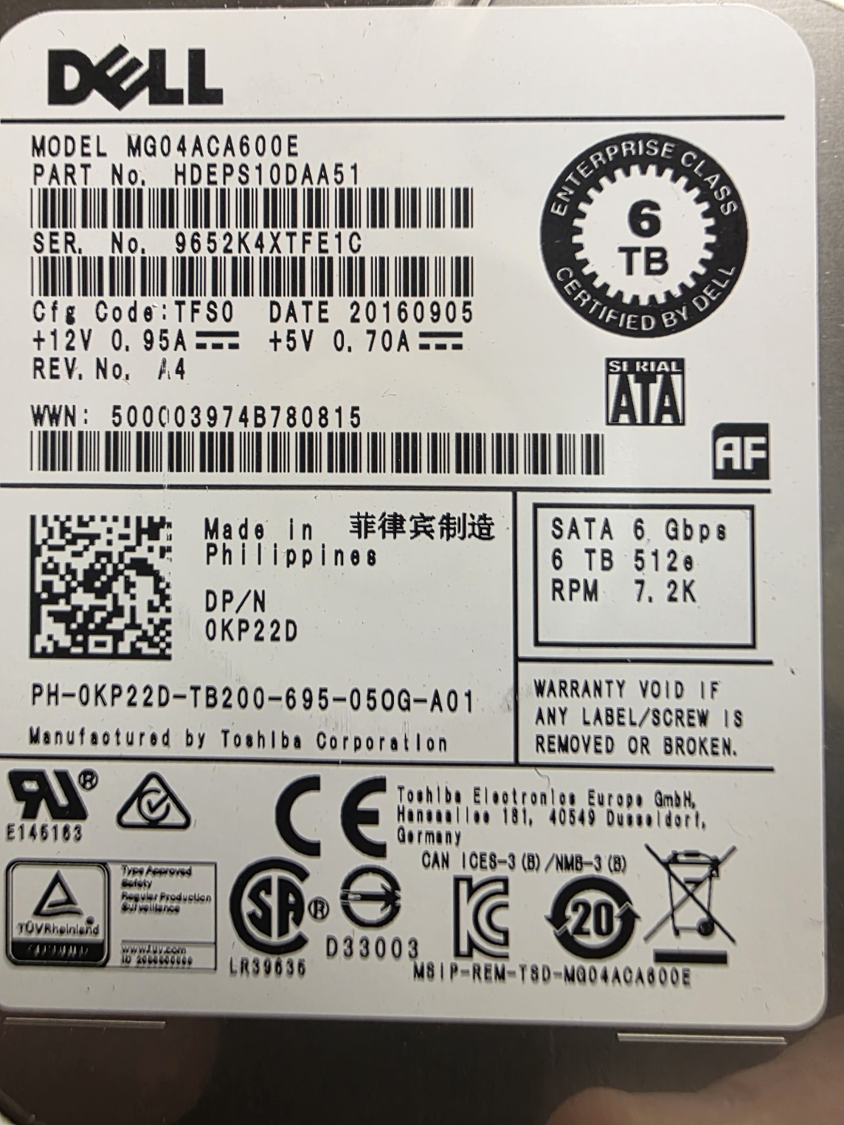 Lot Of 6 - Dell 0KP22D MG04ACA600E 6TB 7.2K 6Gb/s SATA 3.5\ Lot Of 6 - Dell 0KP22D MG04ACA600E 6TB 7.2K 6Gb/s SATA 3.5\