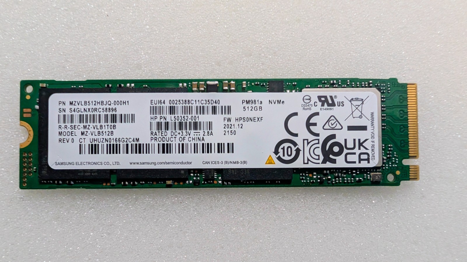 Samsung 512GB PM981a NVMe M.2 2280 SSD PCIe 3.0 x4 HP P/N L50352-001 MZ-VLB512B
