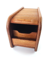 Vintage MCM Teak Wood Tambour Roll Top Desk Organizer Storage Box picture