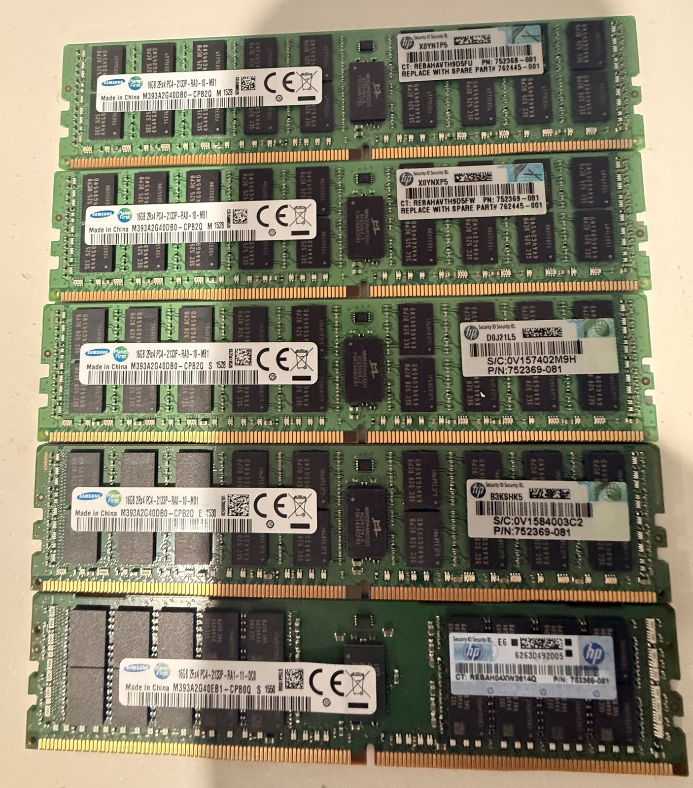 HP 726719-B21 752369-081 16GB 2Rx4 PC4-2133P Server Memory. LOT 5 Dimms