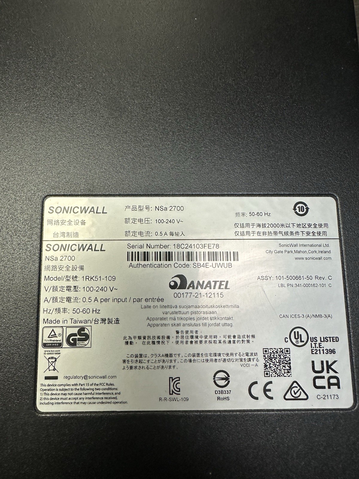 SonicWall NSa 2700 Next-Gen Firewall Appliance Only | NO LICENSE | SonicWall NSa 2700 Next-Gen Firewall Appliance Only | NO LICENSE |