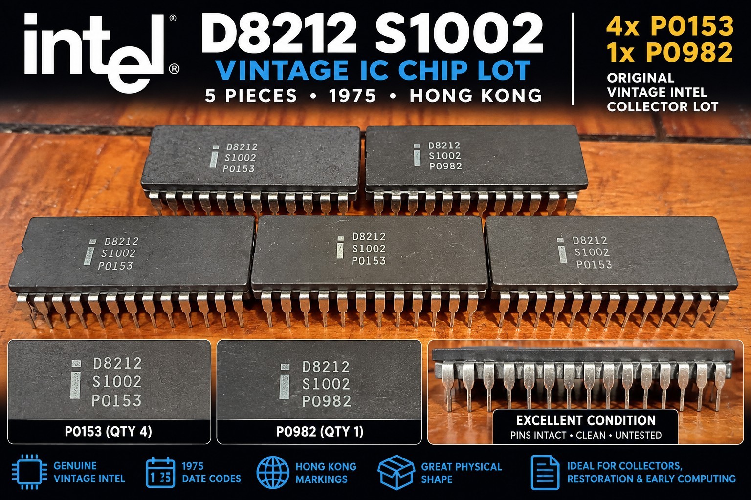 5x Vintage Intel D8212 S1002 IC Chips 1975 Hong Kong P0153 P0982