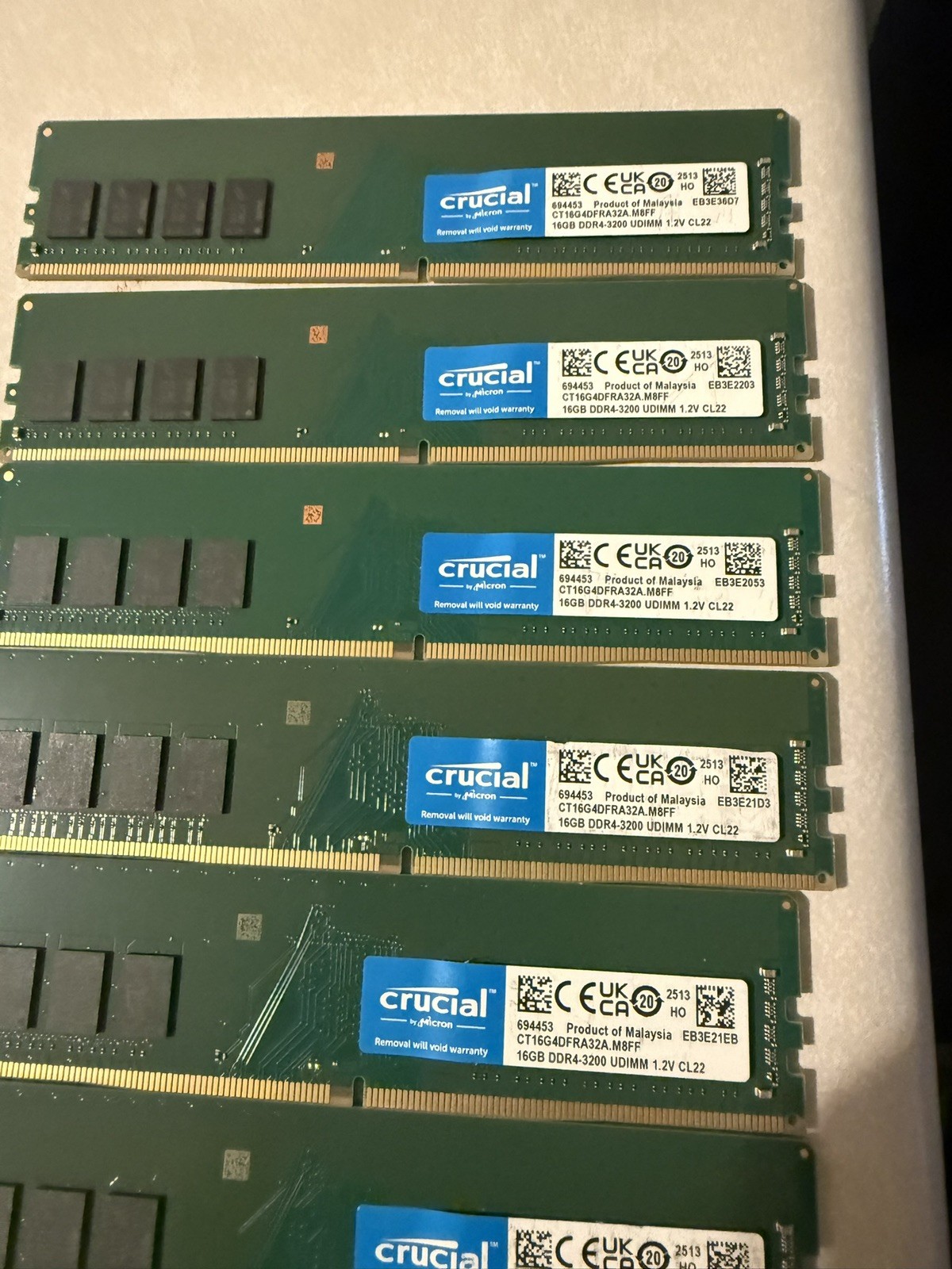 Lot of 4 - Crucial 16GB DDR4-3200 MHz CL22 UDIMM RAM Module (CT16G4DFRA32A) Lot of 4 - Crucial 16GB DDR4-3200 MHz CL22 UDIMM RAM Module (CT16G4DFRA32A)