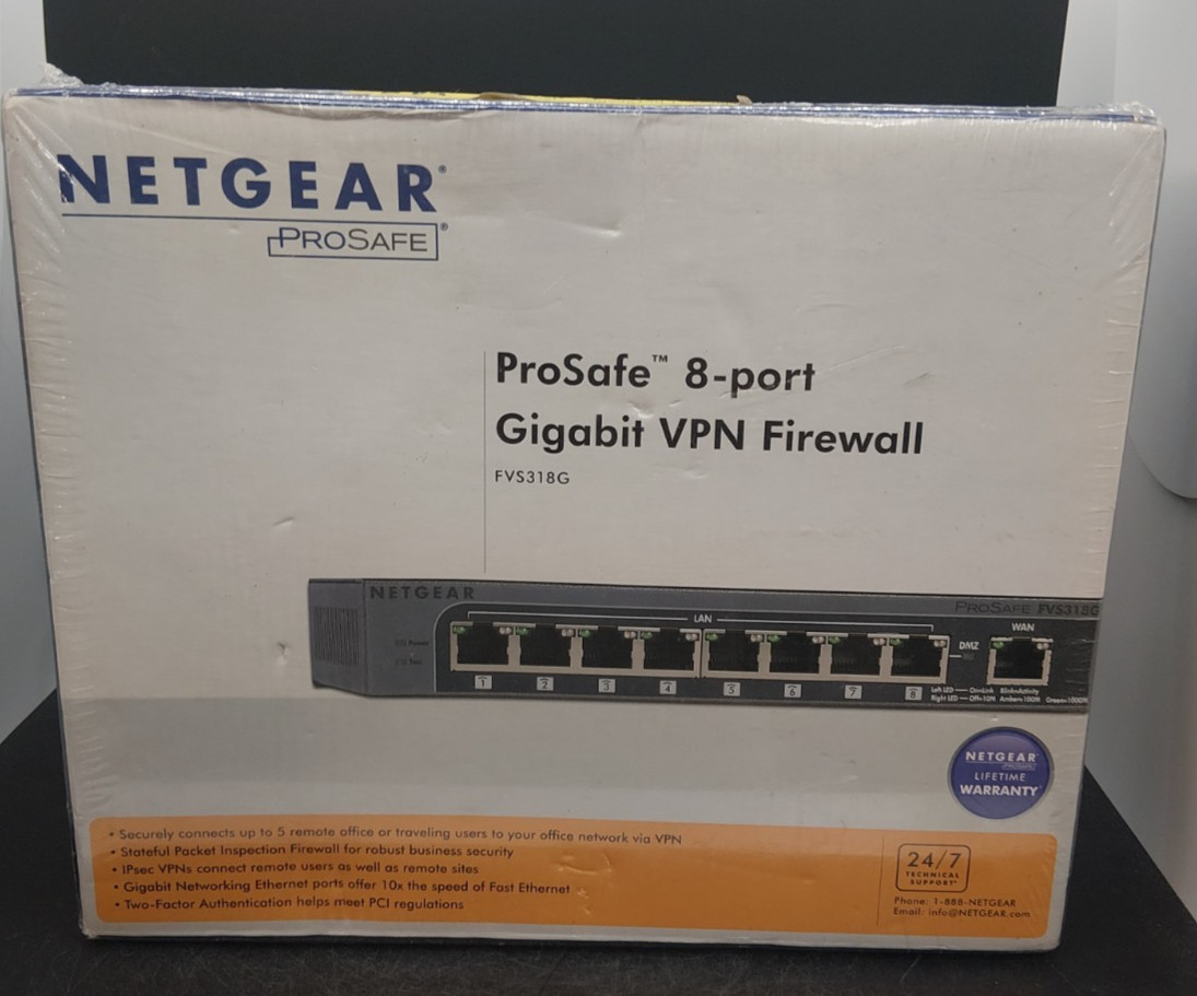 NETGEAR ProSafe 8-Port Gigabit VPN Firewall FVS318G NEW IN BOX NETGEAR ProSafe 8-Port Gigabit VPN Firewall FVS318G NEW IN BOX