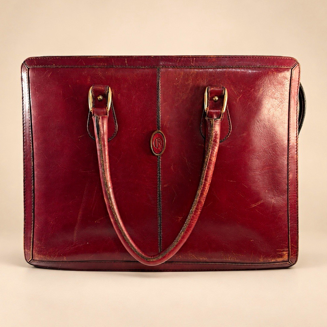 Vintage Julien Le Roy Burgundy Leather Briefcase Top Handle Satchel