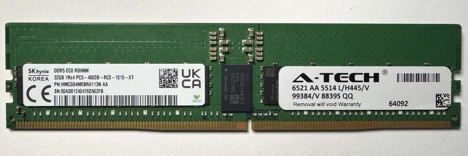 SK Hynix 32GB DDR5 ECC 4800MHz RDIMM EC8 PC5-4800B HMCG84MEBRA113N