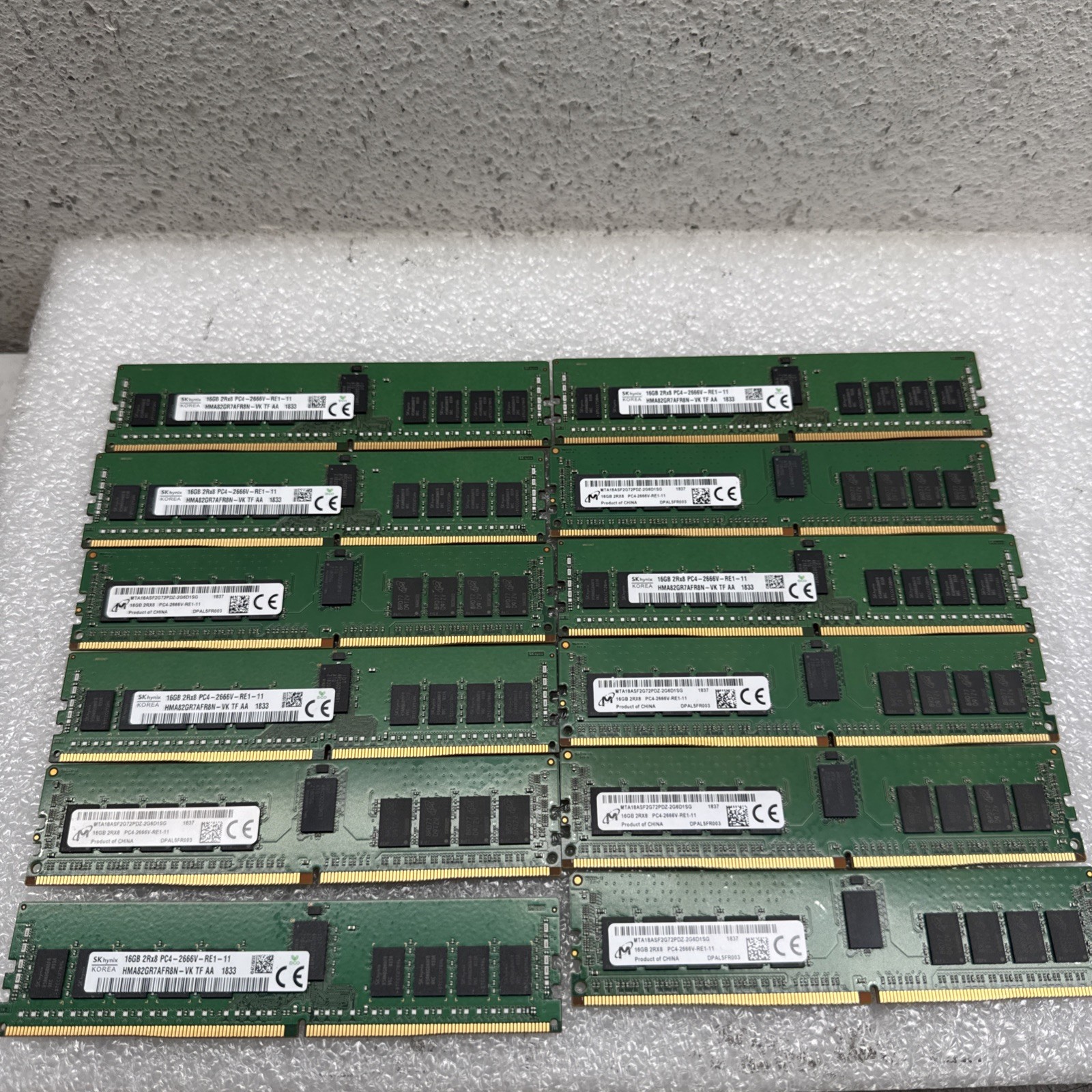 Lot of 12 Sticks 16GB MICRON/SK Hynix 2Rx8 PC4-2666V MEMORY RAM RE1-11 