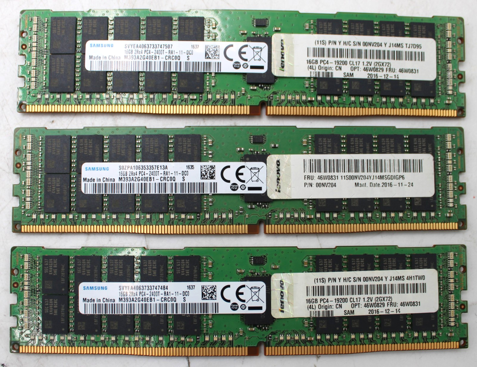 3 Sticks - Samsung M393A2G40EB1-CRC0Q 16GB 2Rx4 PC4-2400T ECC Server RAM PC4 3 Sticks - Samsung M393A2G40EB1-CRC0Q 16GB 2Rx4 PC4-2400T ECC Server RAM PC4