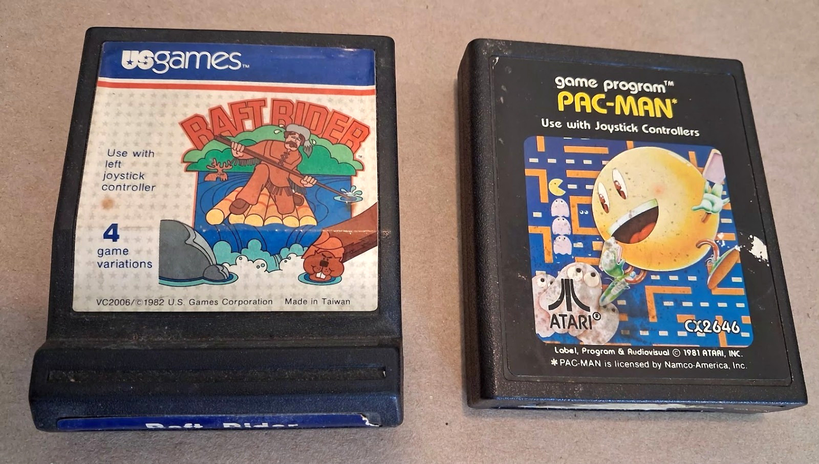 2 VINTAGE Original ATARI 2600 Games PAC-MAN & US Games RAFT RIDER 1982? RARE