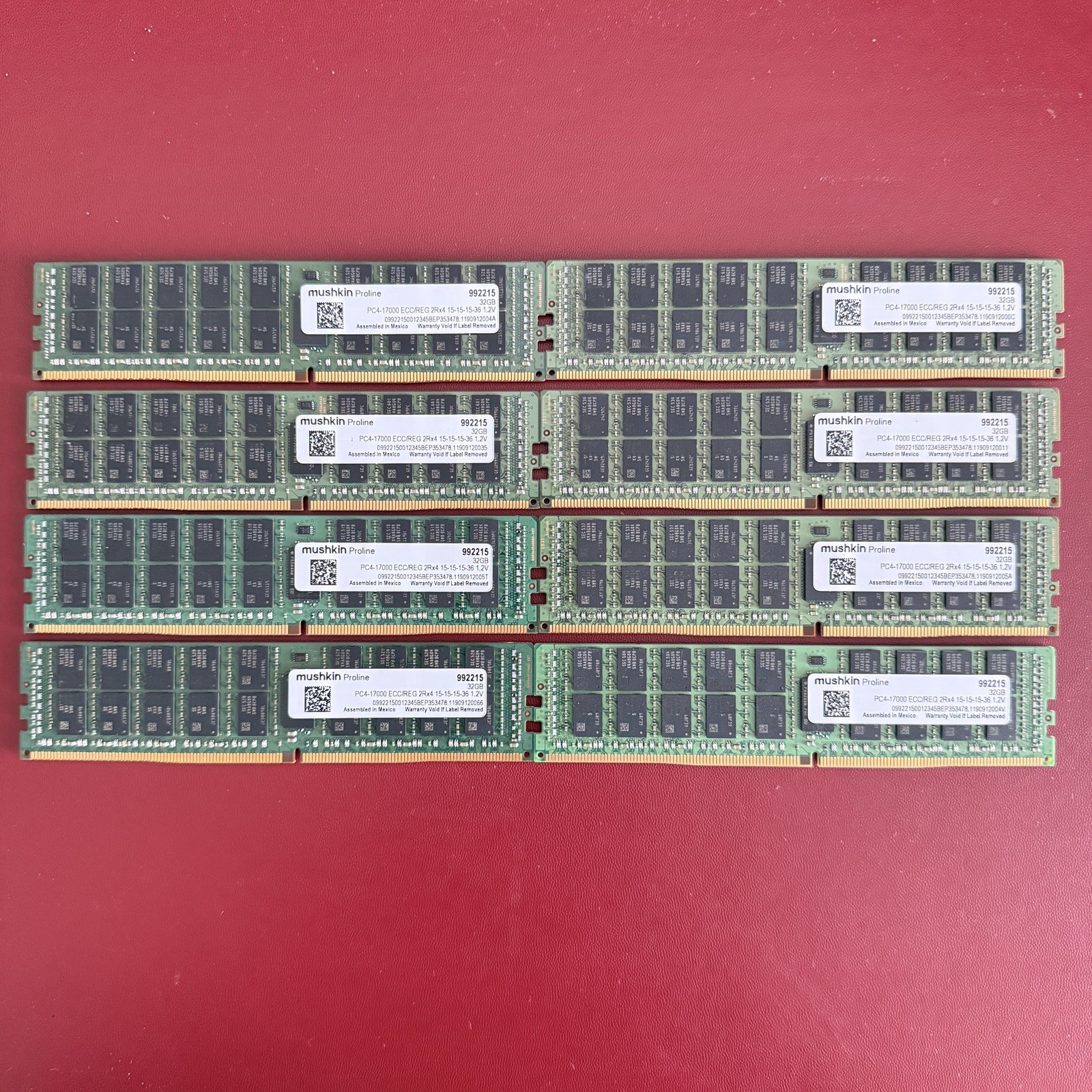 Lot of 8 - 32GB Mushkin Proline DDR4-2133 ECC RDIMM 2Rx4 (TESTED) Lot of 8 - 32GB Mushkin Proline DDR4-2133 ECC RDIMM 2Rx4 (TESTED)