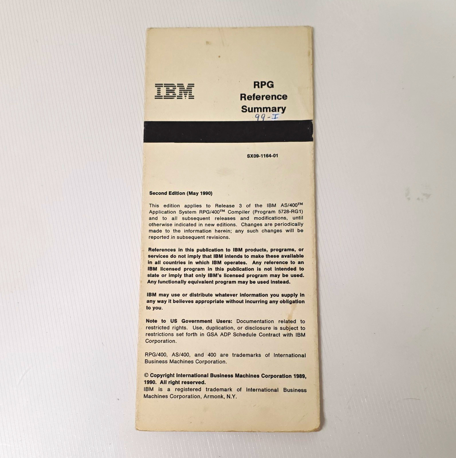 Vintage IBM RPG Reference Summary 2nd Edition Manual for AS/400, (May 1990)
