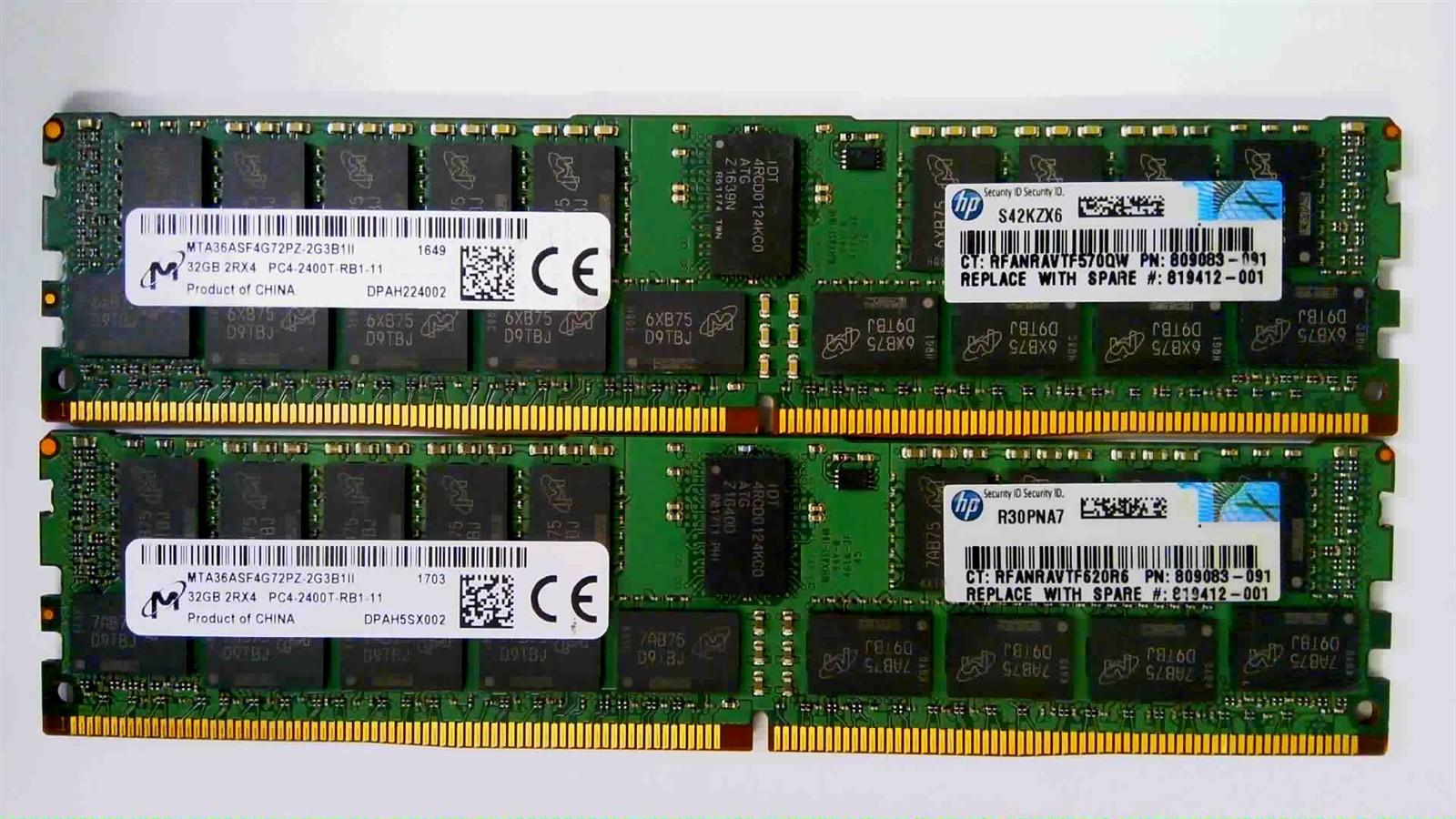 Lot of 2 32GB Micron PC4-2400T DDR4 ECC RDIMM MTA36ASF4G72PZ-2G3B1II
