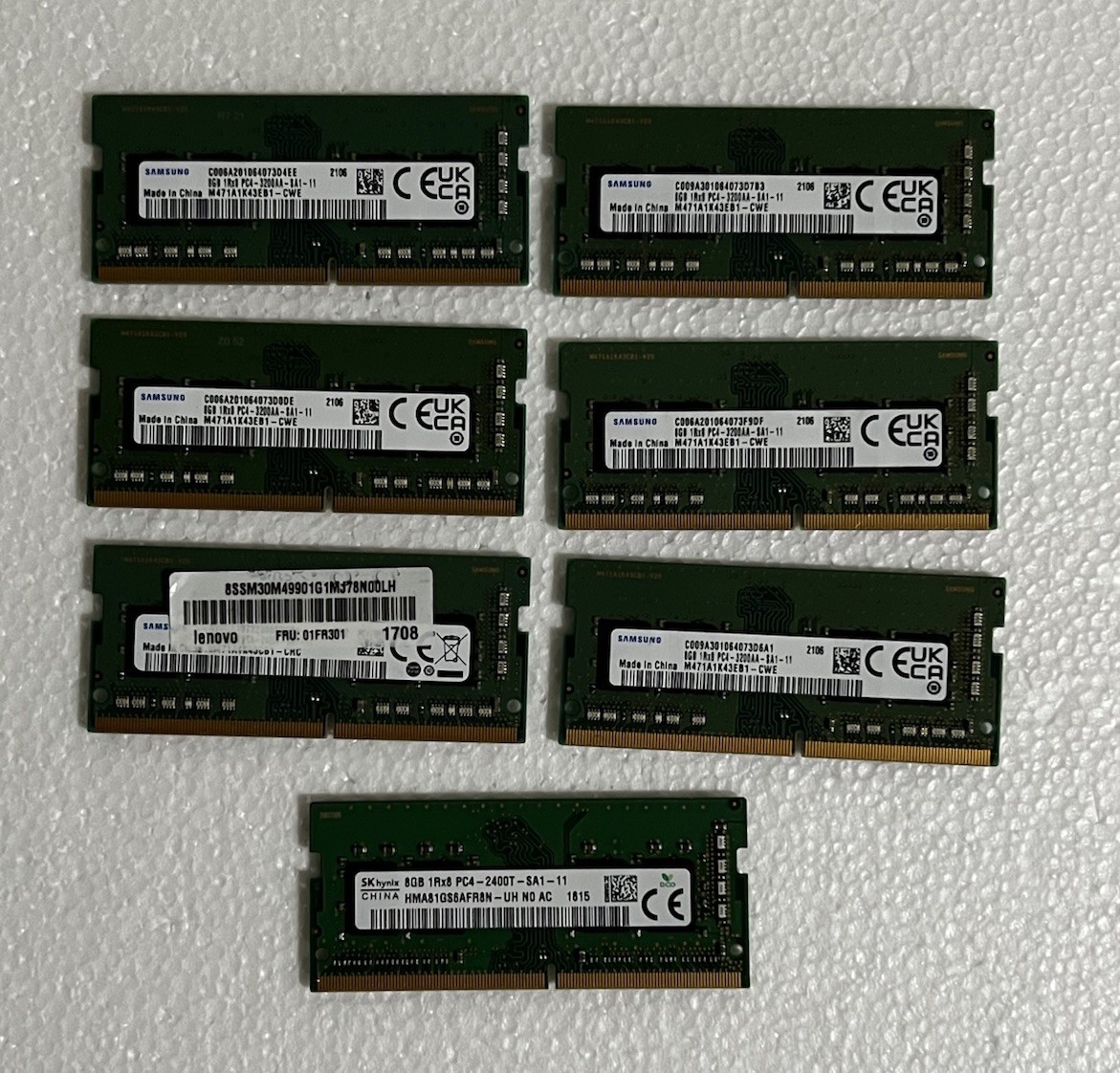 Mix Lot of 7 sticks 8GB 1Rx8 PC4 - 3200AA/1Rx8 - PC4 2400T - 6 Samsung/1 SKhynix Mix Lot of 7 sticks 8GB 1Rx8 PC4 - 3200AA/1Rx8 - PC4 2400T - 6 Samsung/1 SKhynix