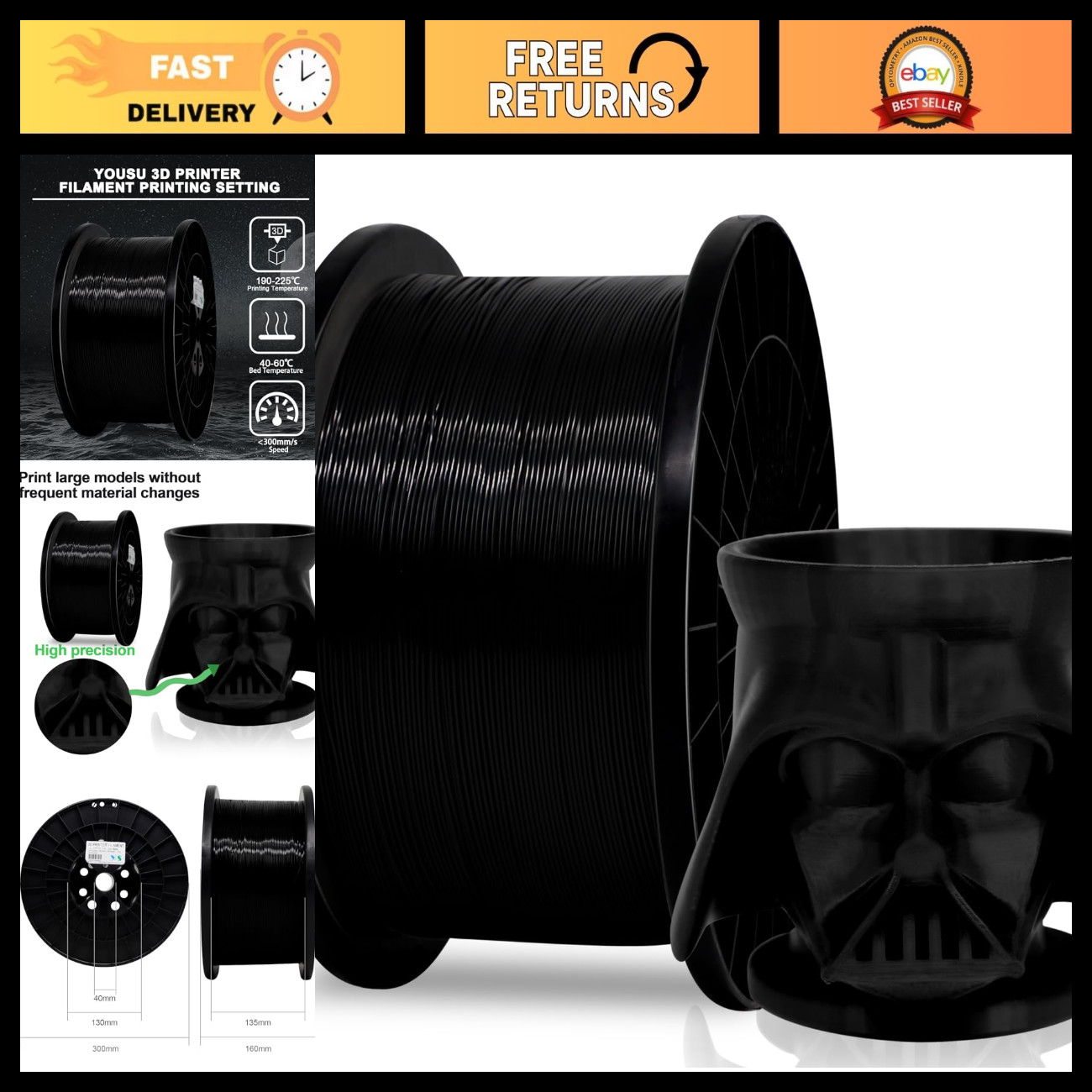 5KG PLA Plus Filament 1.75mm Black - High-Quality 3D Printing Material for Large