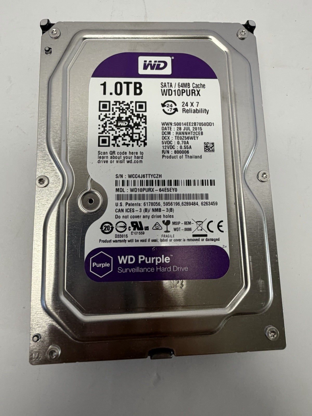 Western Digital Purple 1TB WD10PURX Hard Drive Surveillance w/ 100% Health, QTY
