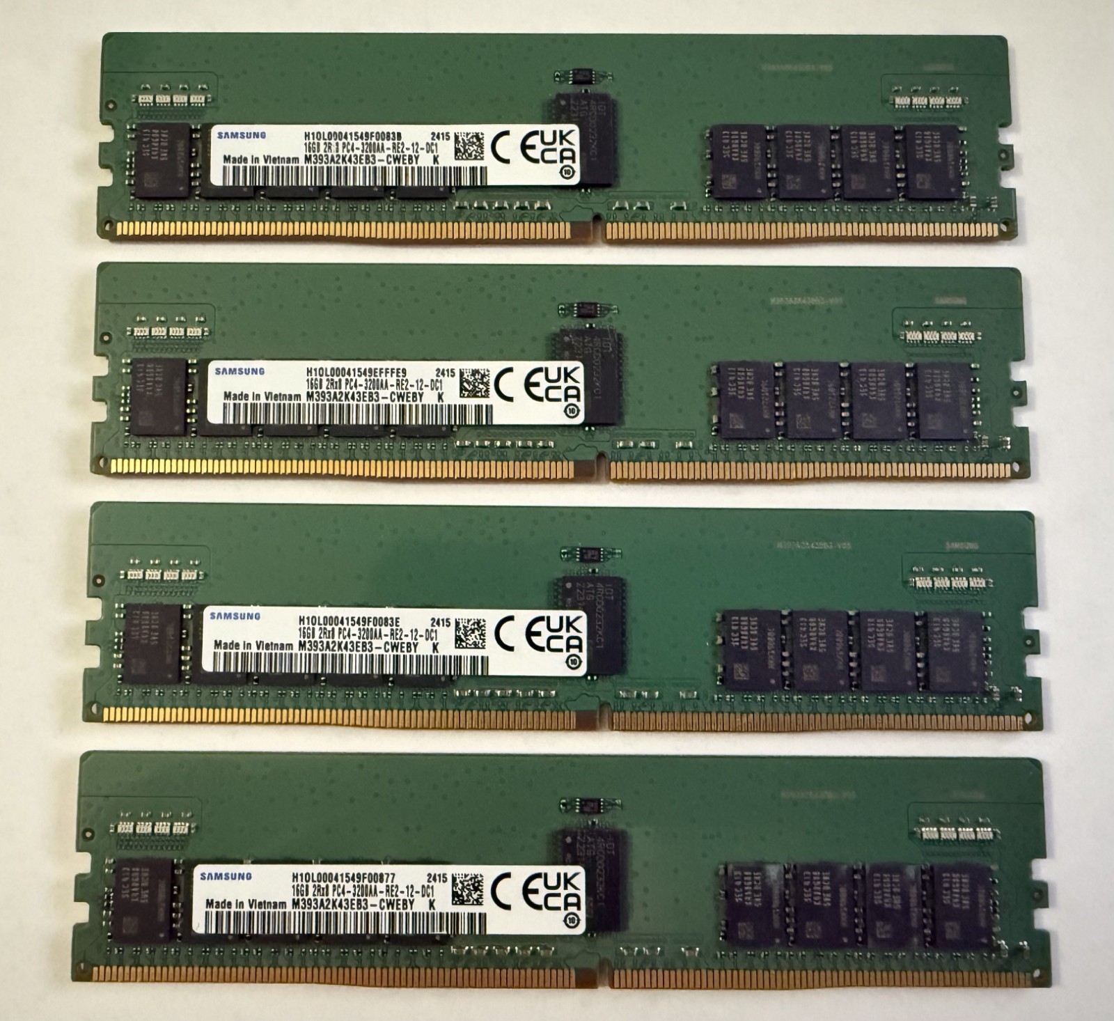 Lot of 4 - Samsung 16GB PC4-3200AA-RE2-12-DC1 ECC DIMM RAM M393A2K43EB3-CWEBY