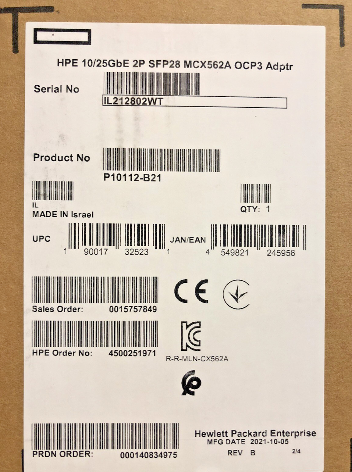 HPE 10/25G SFP28 2P MCX562A-ACAI OCP3 NIC Network Adapter 2 Port 10GbE 25GbE 25G