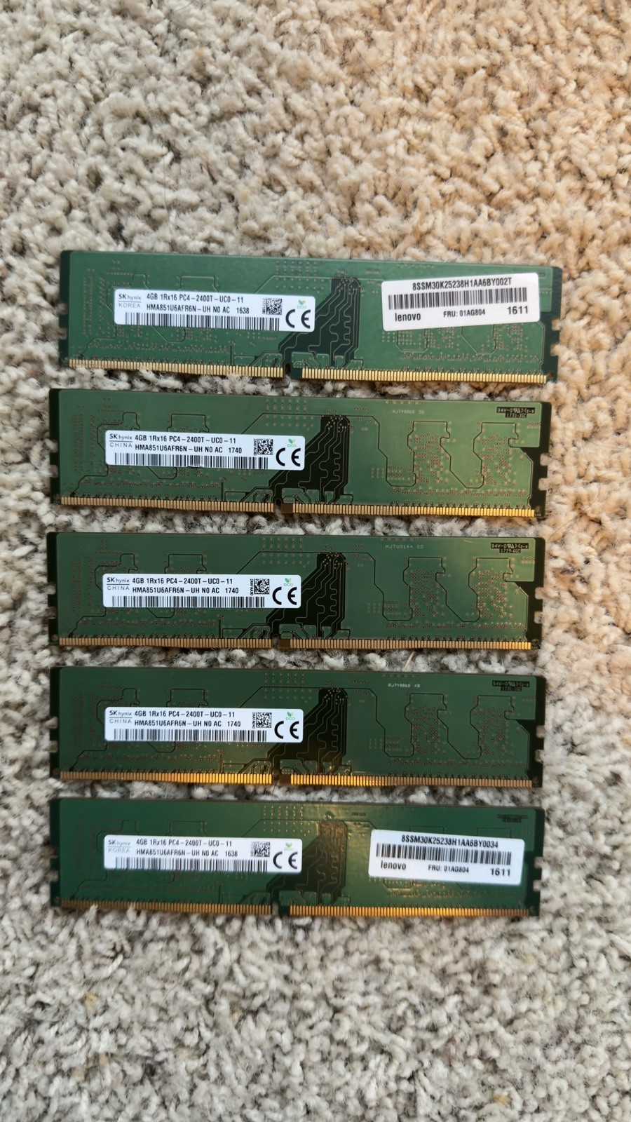 Lot of 5 SK hynix 20GB (4x4GB) DDR4 SDRAM PC4-2400T DIMM HMA851U6AFR6N (5x4GB) Lot of 5 SK hynix 20GB (4x4GB) DDR4 SDRAM PC4-2400T DIMM HMA851U6AFR6N (5x4GB)