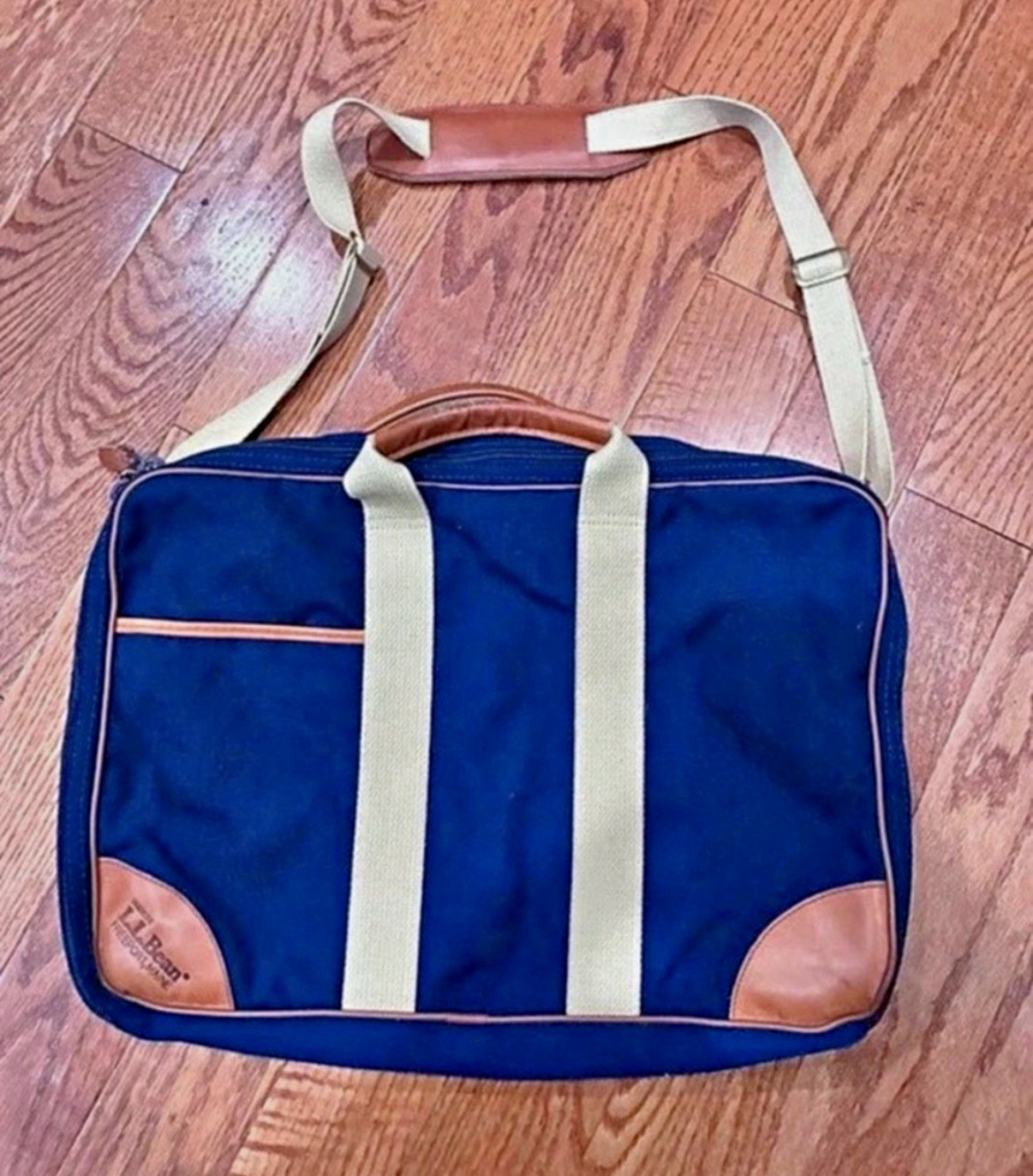 Vintage L.L. Bean Messenger Bag Blue canvas tan accent w/Leather Trim