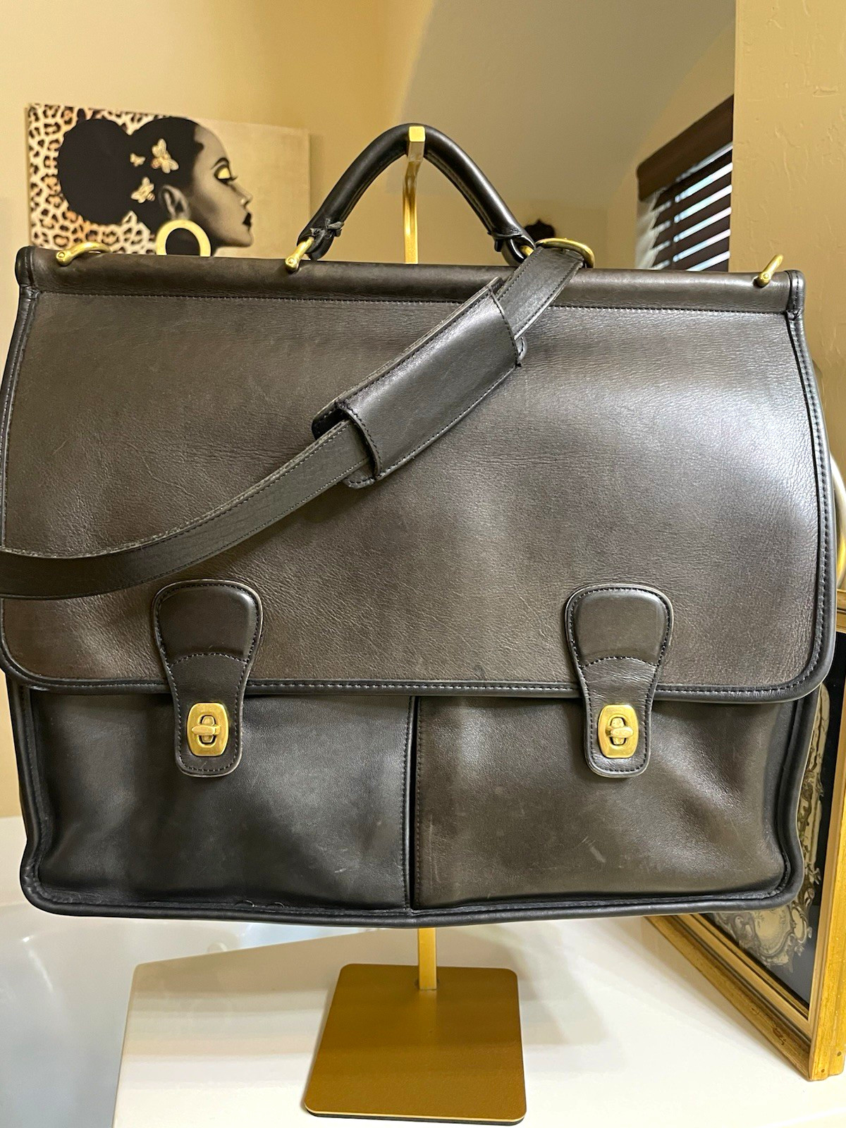 Coach Vintage Black Leather Briefcase 15in Laptop Bag C8C-5297 Good Condition