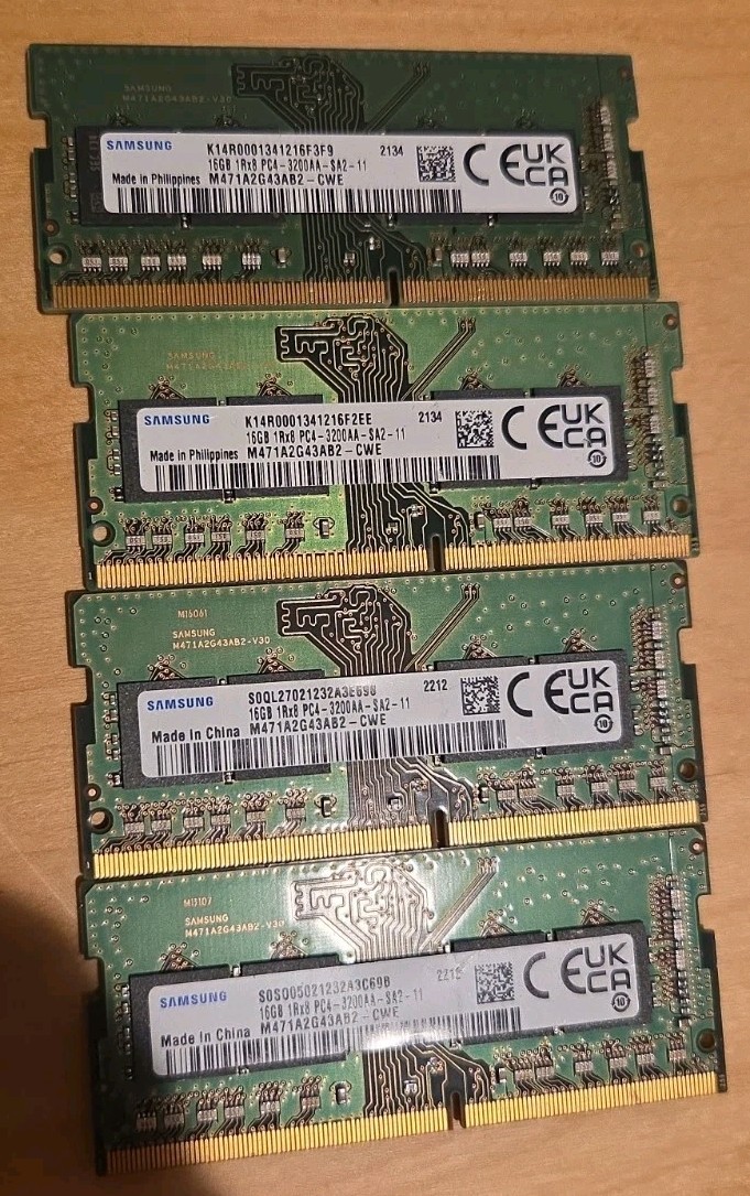 Lot Of 4-Samsung 16GB 1Rx8 PC4-3200AA-SA2-11 M471A2G43AB2-CWE SO-DIMM Memory RAM Lot Of 4-Samsung 16GB 1Rx8 PC4-3200AA-SA2-11 M471A2G43AB2-CWE SO-DIMM Memory RAM