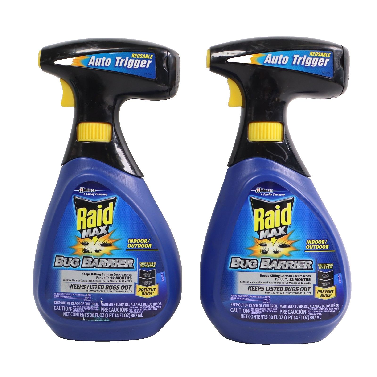2 PACK Raid Max Bug Barrier Indoor Outdoor Pest Spray 30oz Reusable Auto Trigger