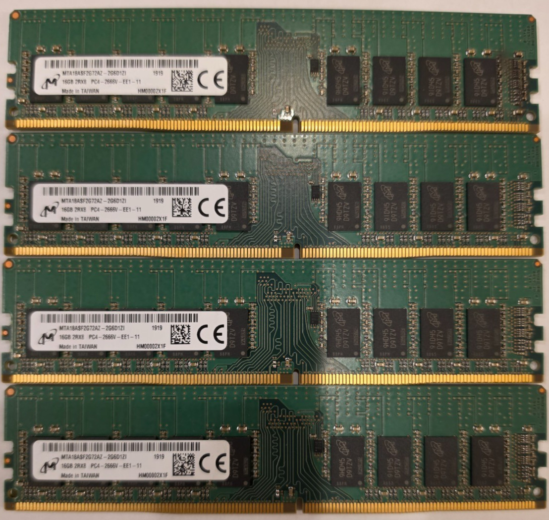 LOT of 4 Micron 16GB PC4-2666V-EE1 DDR4 ECC Unbuffered RAM MTA18ASF2G72AZ-2G6