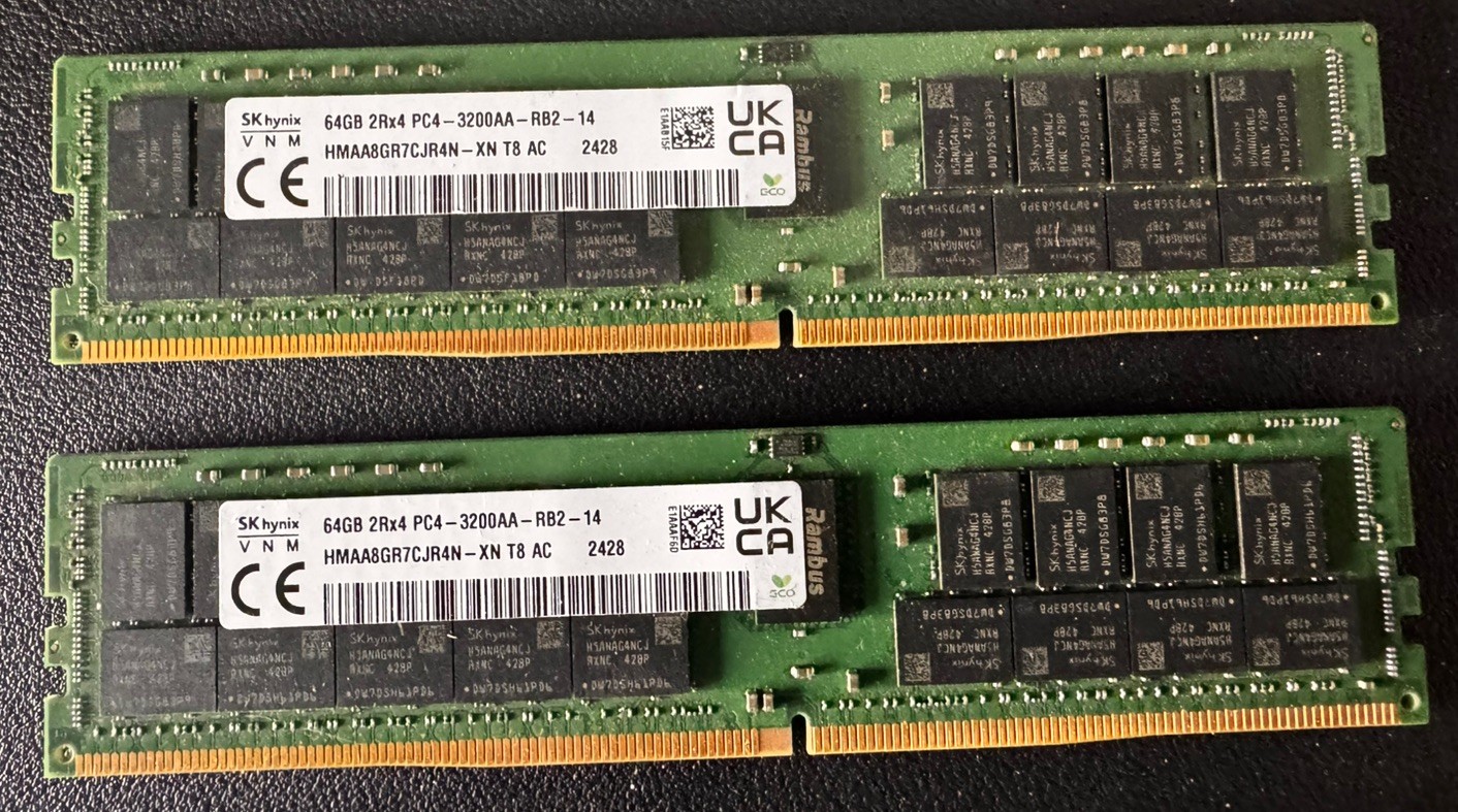 Lot of 2 SKHynix HMA84GR7CJR4N-XN 64GB (128gb) 2Rx4 PC4-3200A Server Memory Lot of 2 SKHynix HMA84GR7CJR4N-XN 64GB (128gb) 2Rx4 PC4-3200A Server Memory