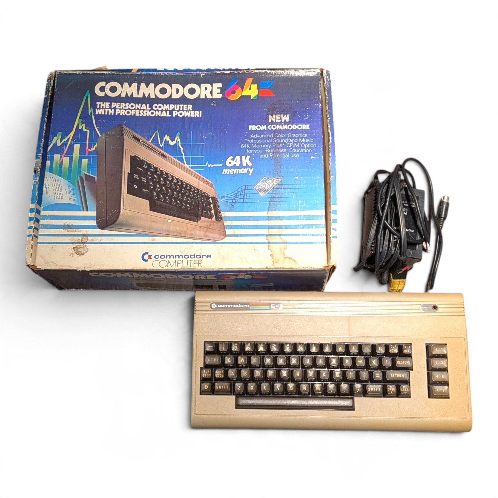 Vintage Commodore 64 Computer With Original Box and Power Supply Powers On Vintage Commodore 64 Computer With Original Box and Power Supply Powers On
