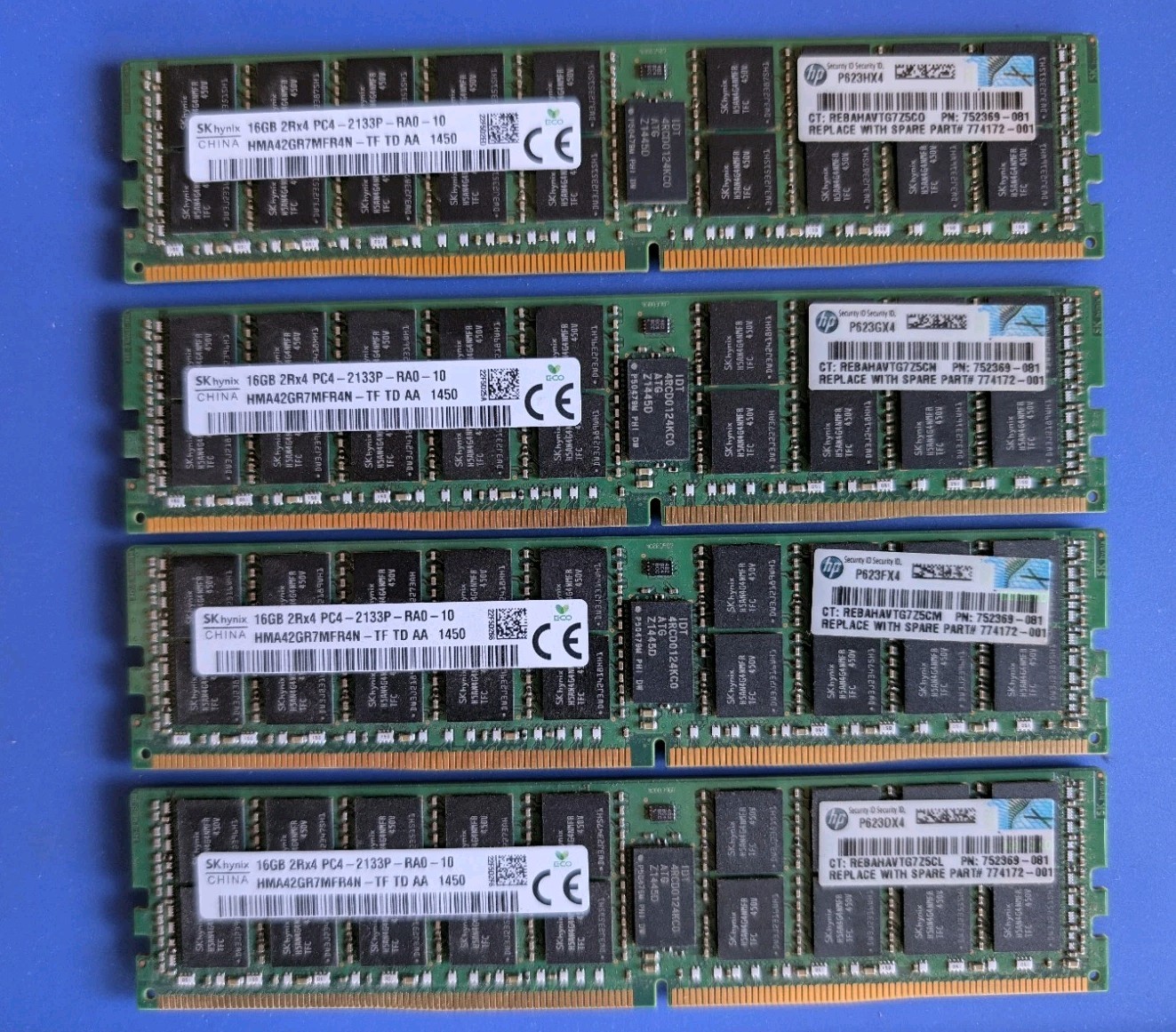 LOT of 4 SK Hynix HP 16GB 2Rx4 DDR4 PC4-2133P RAM Modules HMA42GR7AFR4N-TF 64GB LOT of 4 SK Hynix HP 16GB 2Rx4 DDR4 PC4-2133P RAM Modules HMA42GR7AFR4N-TF 64GB