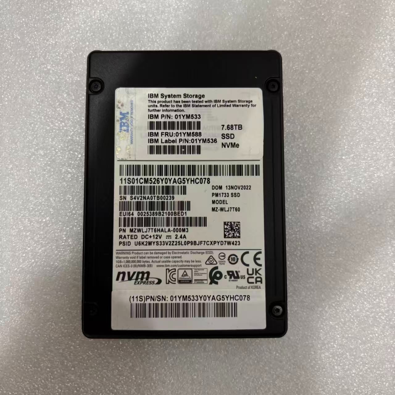 IBM 01YM588 01YM536 MZWLJ7T6HALA-000M3 PM1733 MZ-WLJ7T60 7.68TB NVME SSD IBM 01YM588 01YM536 MZWLJ7T6HALA-000M3 PM1733 MZ-WLJ7T60 7.68TB NVME SSD
