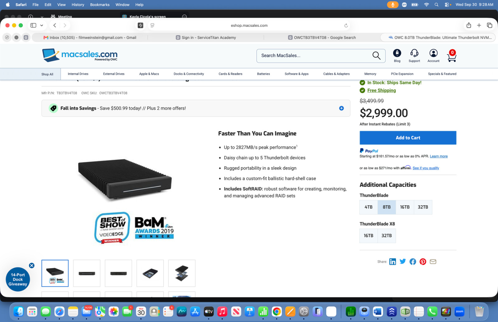 OWC 8TB ThunderBlade Thunderbolt 3 NVMe RAID SSD External 8TB with Travel Case OWC 8TB ThunderBlade Thunderbolt 3 NVMe RAID SSD External 8TB with Travel Case