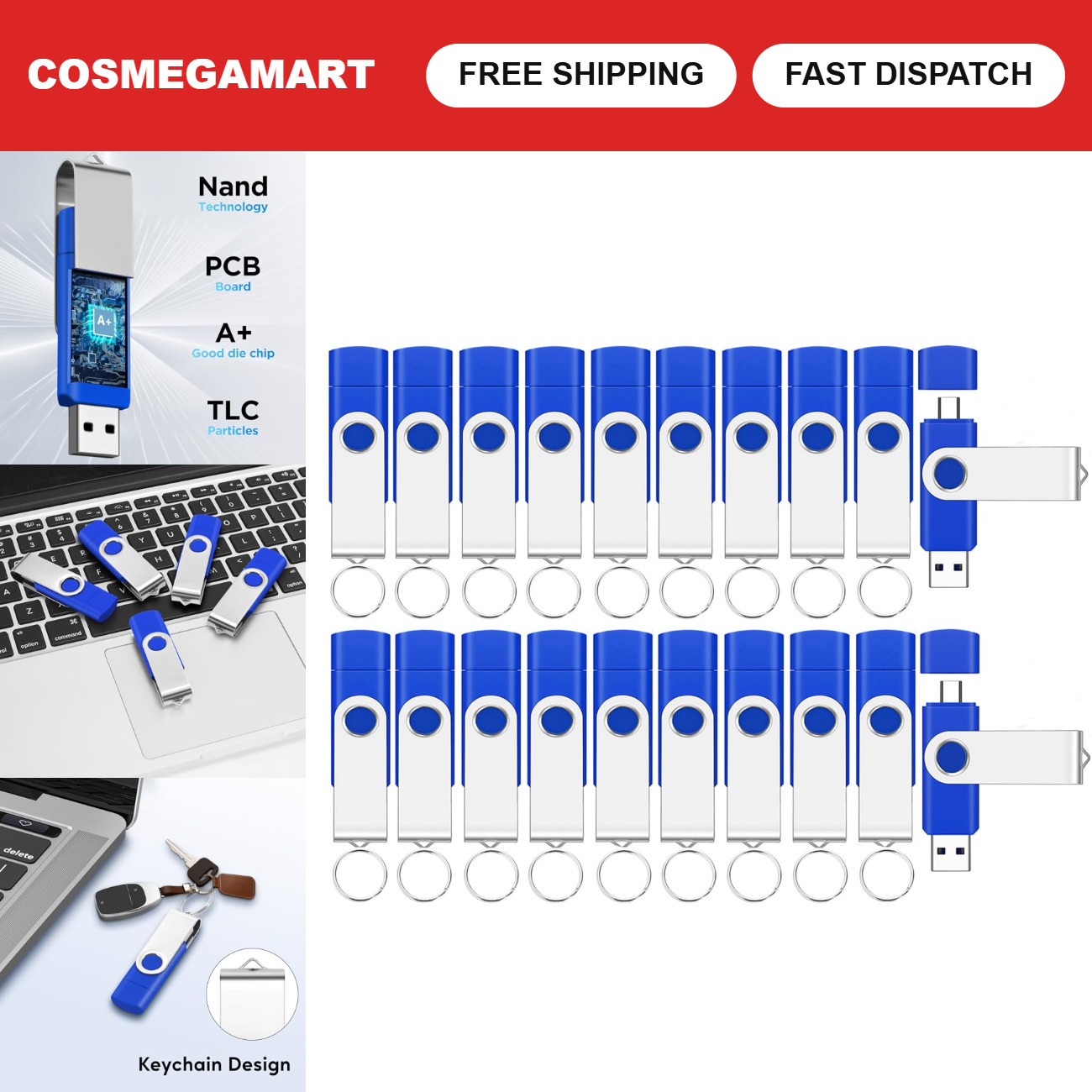32GB USB 2.0 & Type-C Flash Drive - 20 Pack Bulk Storage - FAT32 - Blue