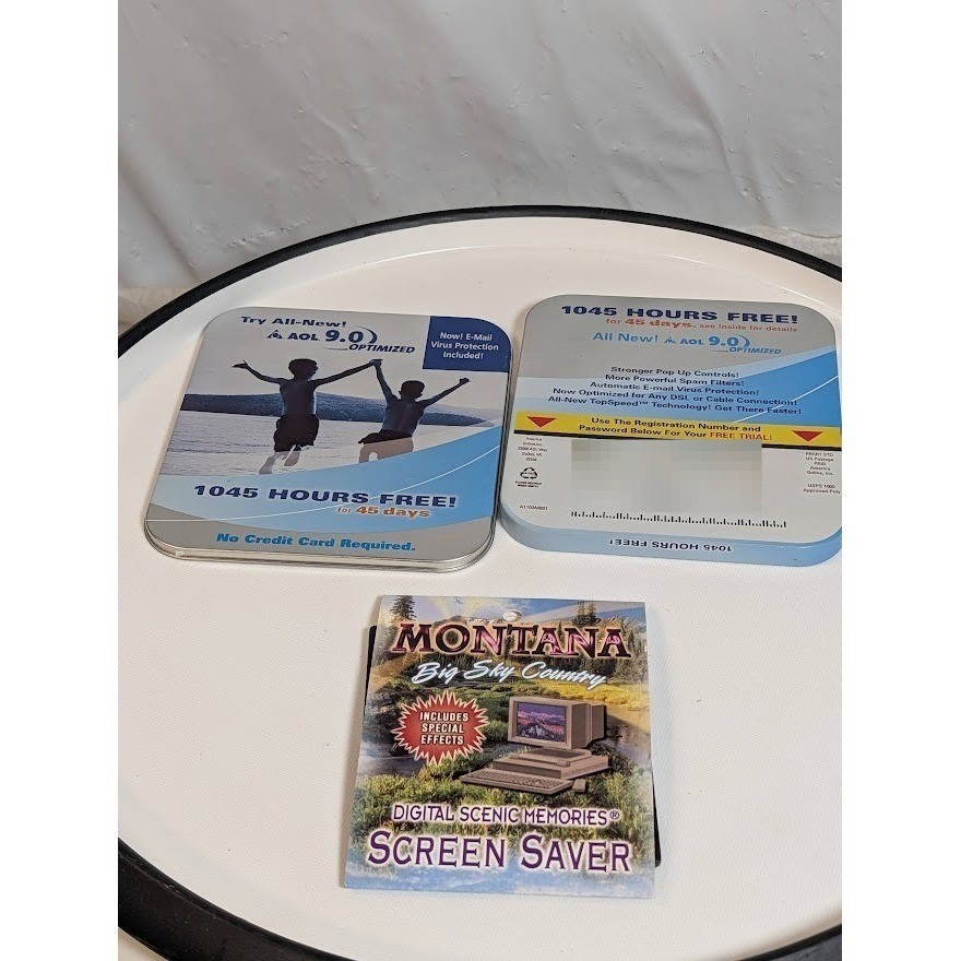 Vintage Tech Lot AOL 9.0 Optimized Metal Tin & Montana Screen Saver Vintage Tech Lot AOL 9.0 Optimized Metal Tin & Montana Screen Saver