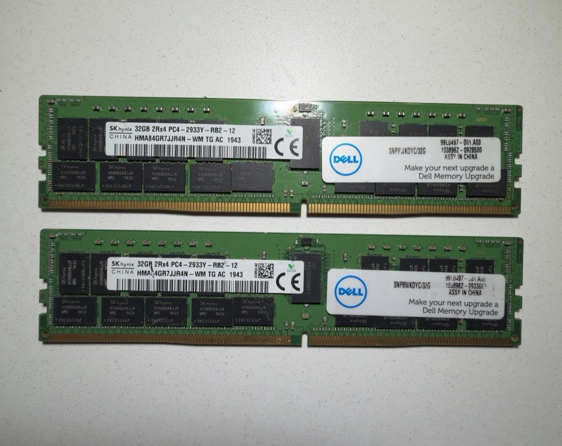 x2 SK Hynix 32GB 2933Y DDR4 (PC4-23400) RDIMM ECC RAM Memory | HMA84GR7JJR4N WM x2 SK Hynix 32GB 2933Y DDR4 (PC4-23400) RDIMM ECC RAM Memory | HMA84GR7JJR4N WM