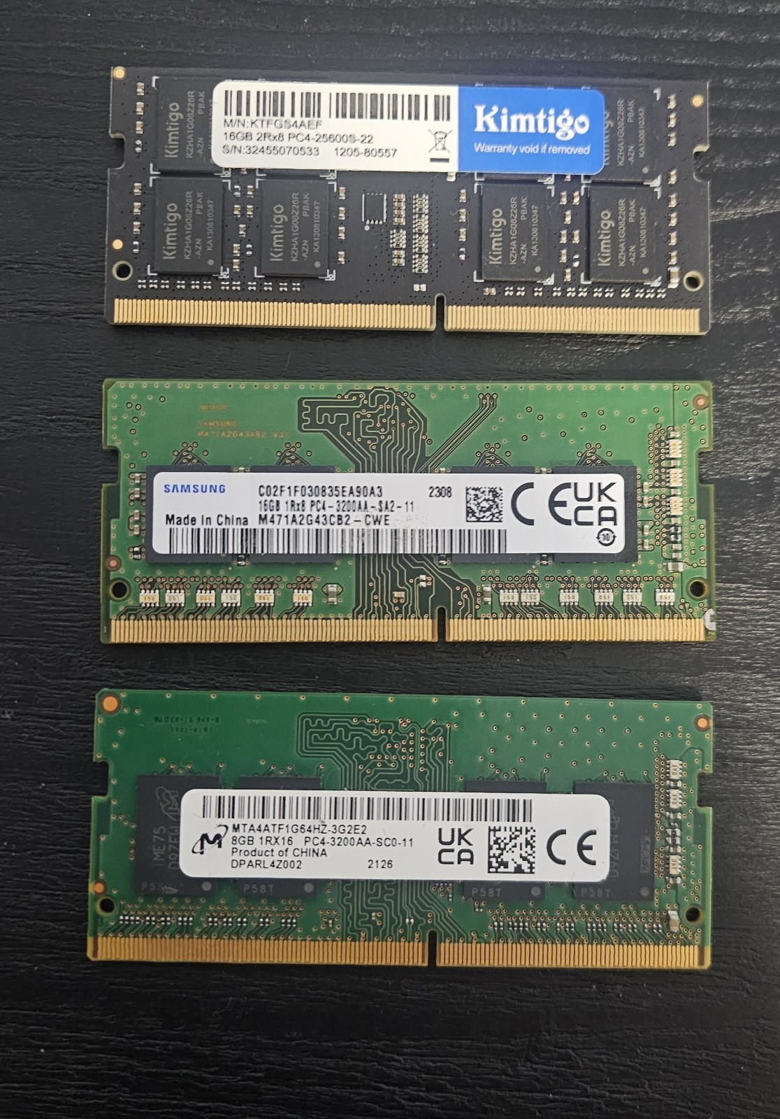 LOT of 3 x DDR4 Laptop Memory RAM Sticks (2x16GB, 1x8GB) PC4-25600S, PC4-3200AA