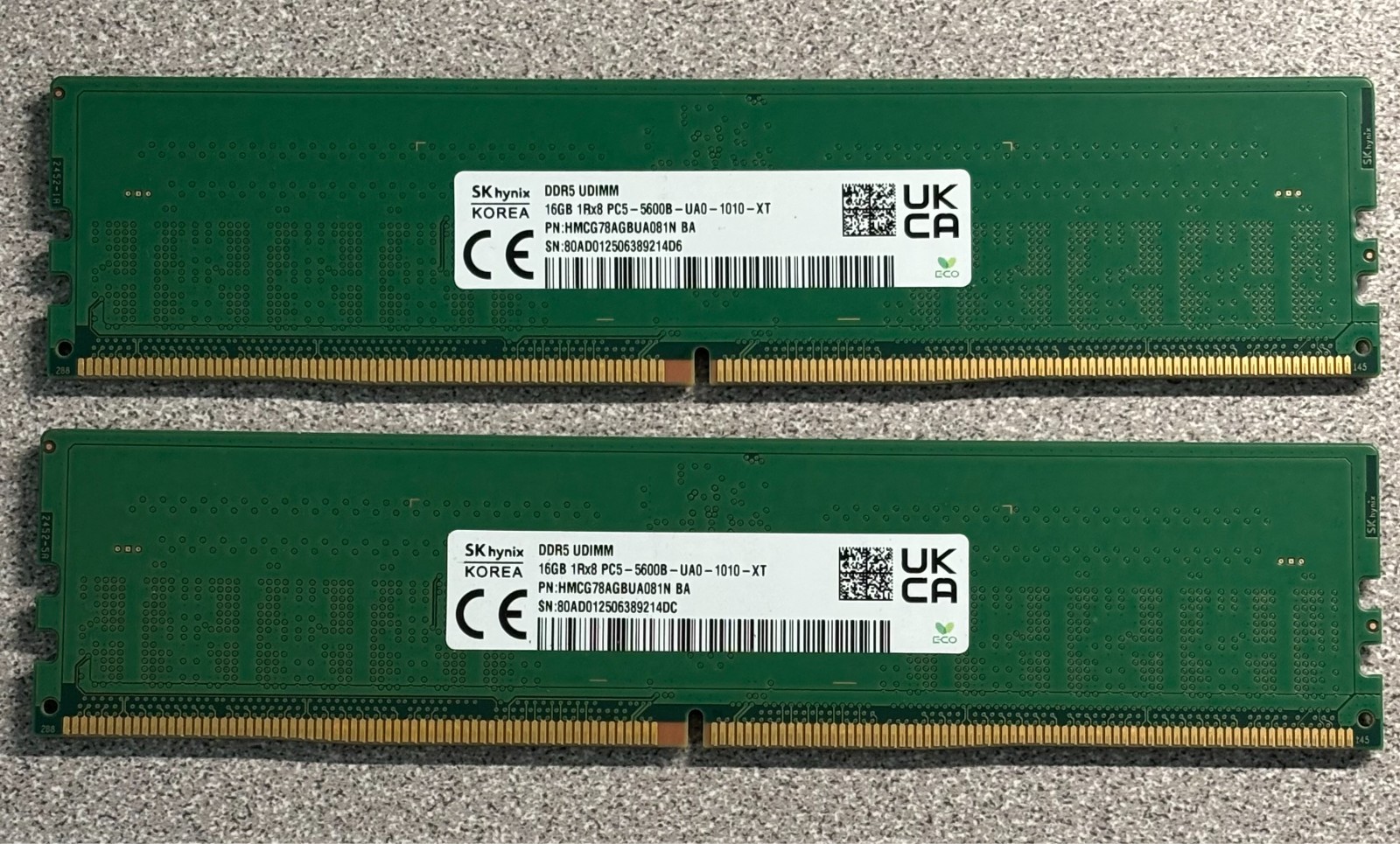 Lot of 2 Samsung 16GB 1Rx8 PC5-5600B - HMCG78AGBUA081N BA - 32GB(2x16GB) RAM
