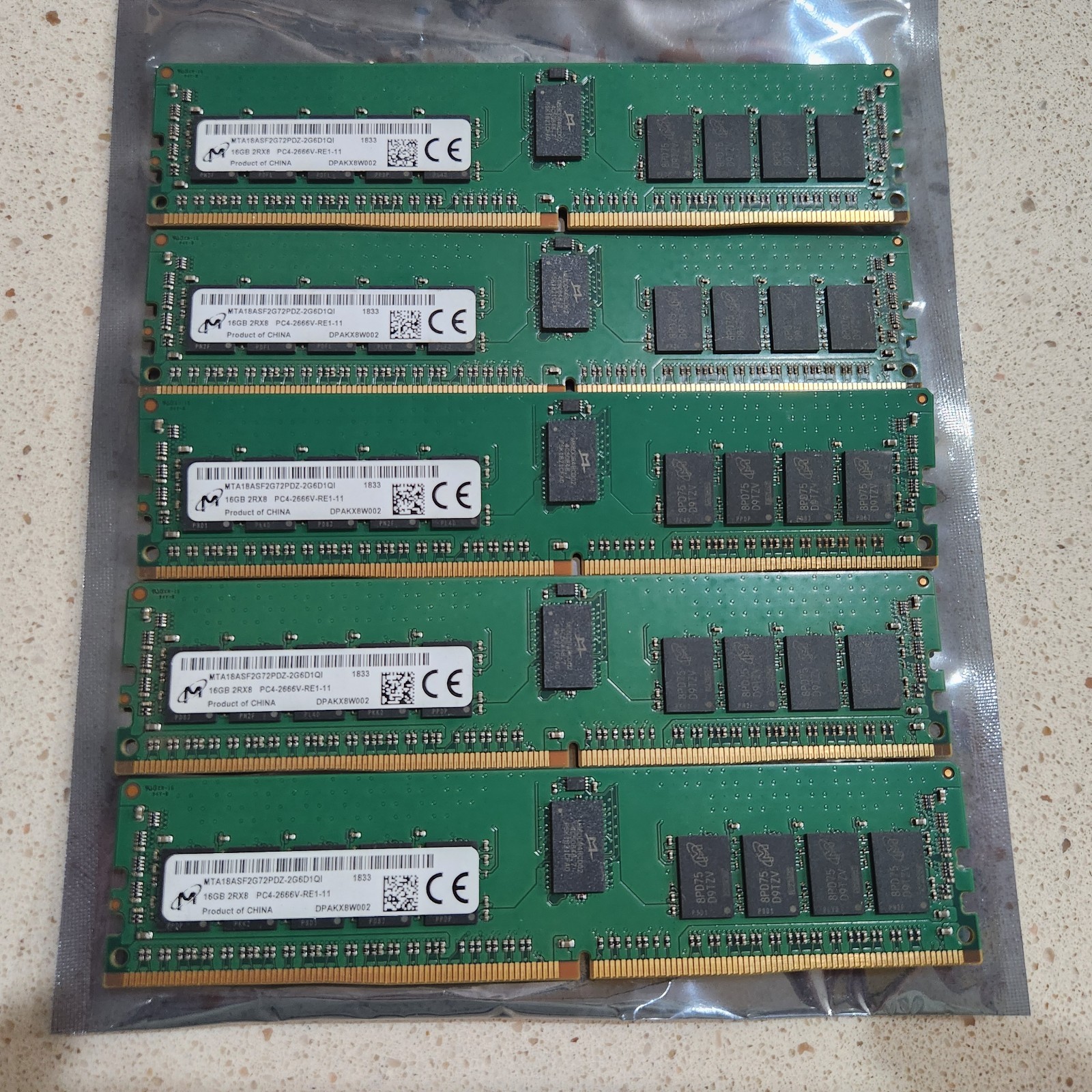 5x MICRON 16GB 2RX8 PC4-2666V-RE1 Server Memory MTA18ASF2G72PDZ-2G6D1QI