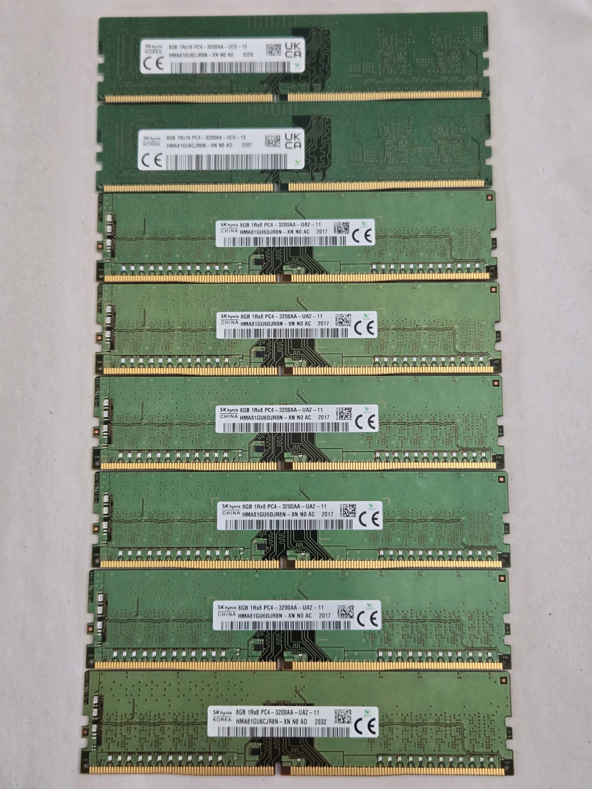 Lot of 8 SK Hynix 8GB DDR4-3200 Desktop RAM. Tested Good. May have minor nicks.