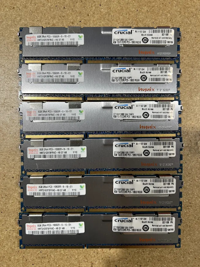 LOT OF 6-SK Hynix 8GB 2Rx4 PC3-10600R-9-10-E1 (6x8=48GB) ECC Reg. Server Ram LOT OF 6-SK Hynix 8GB 2Rx4 PC3-10600R-9-10-E1 (6x8=48GB) ECC Reg. Server Ram