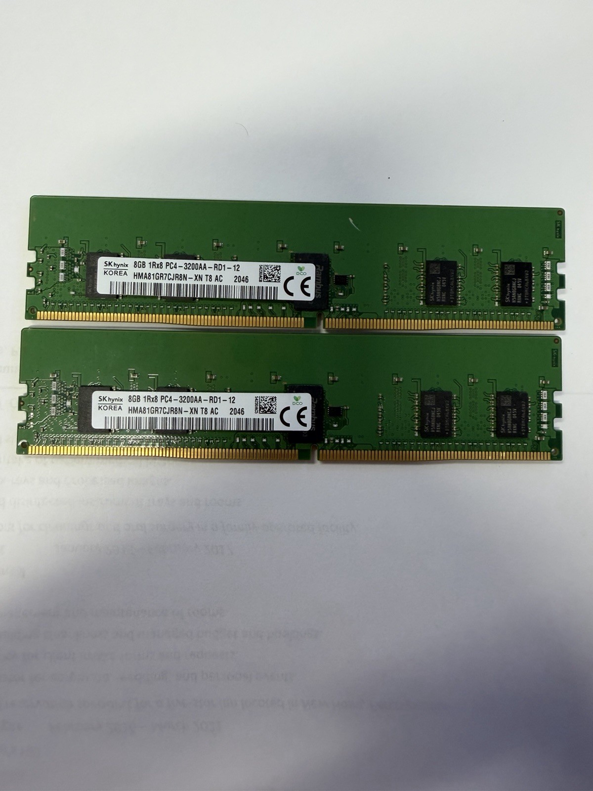 LOT OF 2  SK Hynix 8GB  1Rx8 PC4-3200AA ECC  HMA81GR7CJR8N-XN
